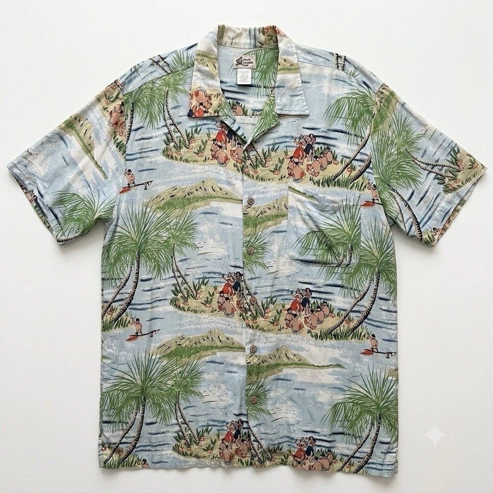 90s Cherokee Waikiki Wear mens hawaiian print camp shirt XL *flaw* palm trees